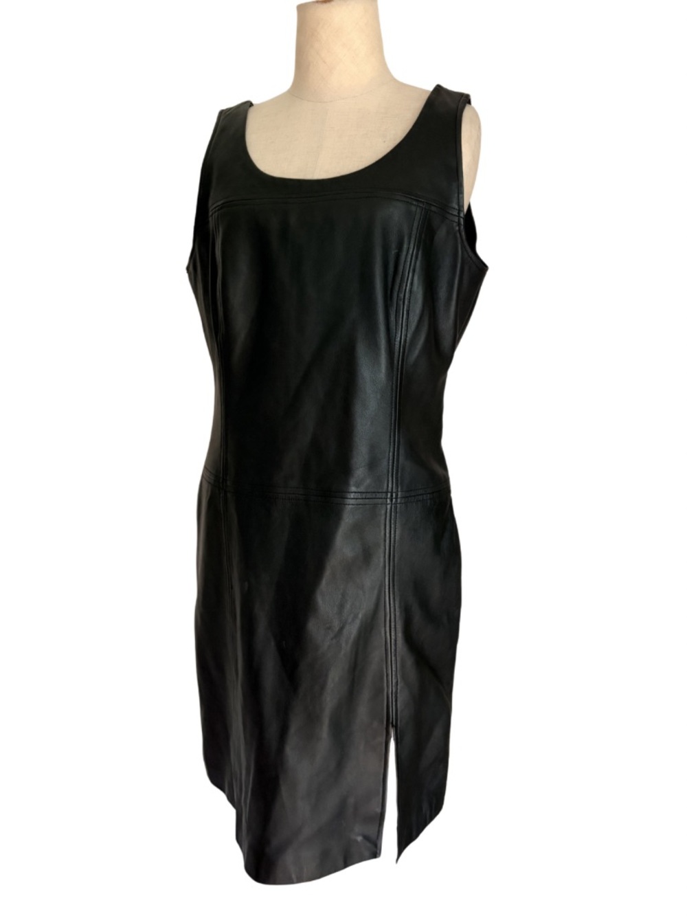 vintage 90s black a line leather dress scoop neck midi small slit Spiegel 12
